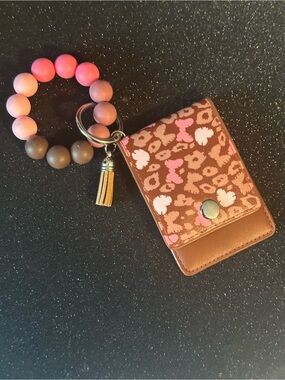 Handmade Beaded Keychain Wristlet with Leopard Print Card Holder - Pink & Brown